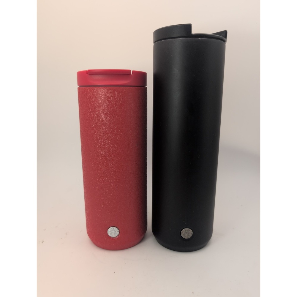Starbucks Lot Of Two Cylindrical Stainless Steel Travel Tumblers Flame Red/Black
